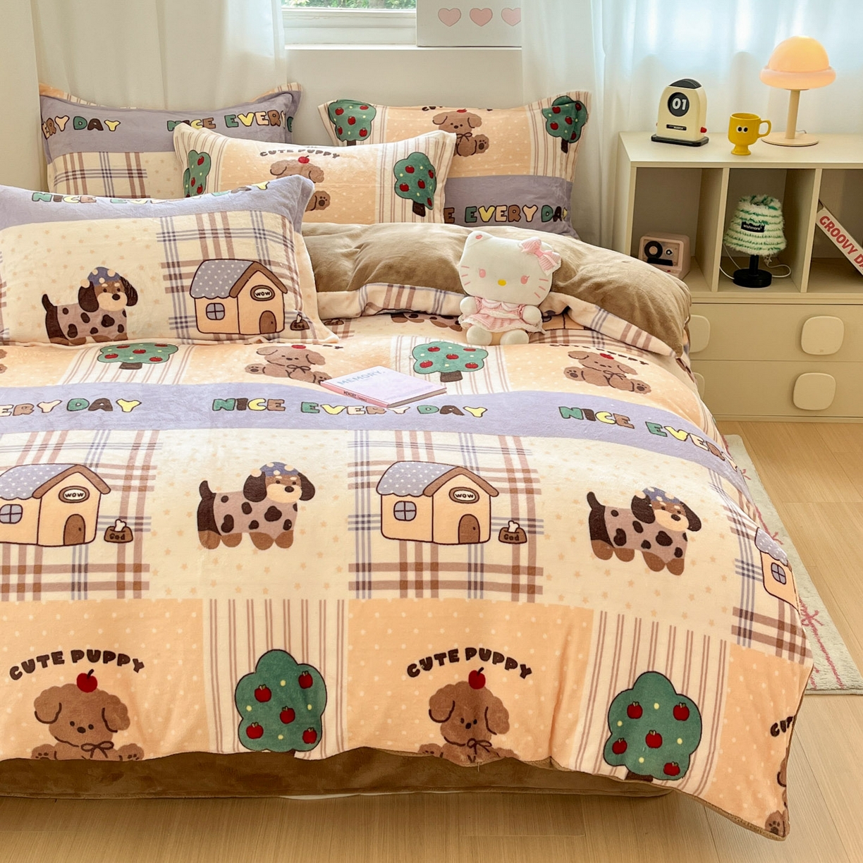 91家纺网 家纺一手货源 找家纺 沐慕 2025新款高克重牛奶绒四件套 牛奶绒-卡其块块狗