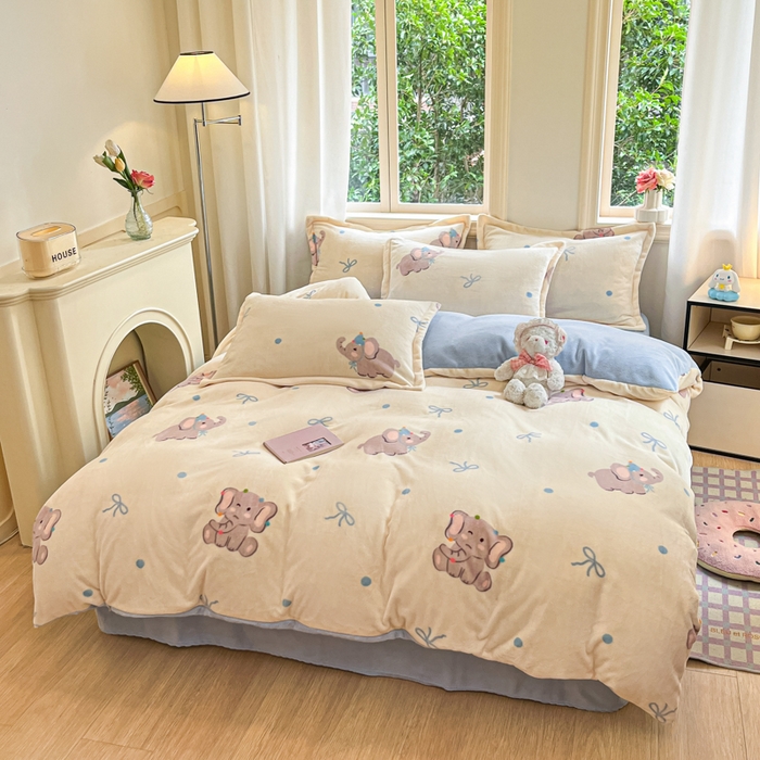 91家纺网 家纺一手货源 找家纺 沐慕 2025新款高克重牛奶绒四件套 牛奶绒-可爱小象