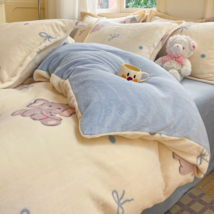 91家纺网 家纺一手货源 找家纺 沐慕 2025新款高克重牛奶绒四件套 牛奶绒-可爱小象