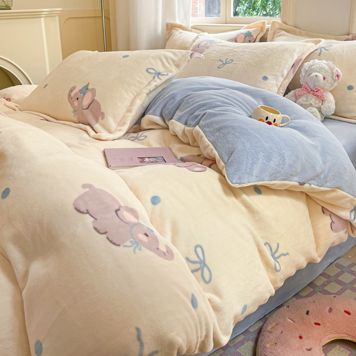 91家纺网 家纺一手货源 找家纺 沐慕 2025新款高克重牛奶绒四件套 牛奶绒-可爱小象