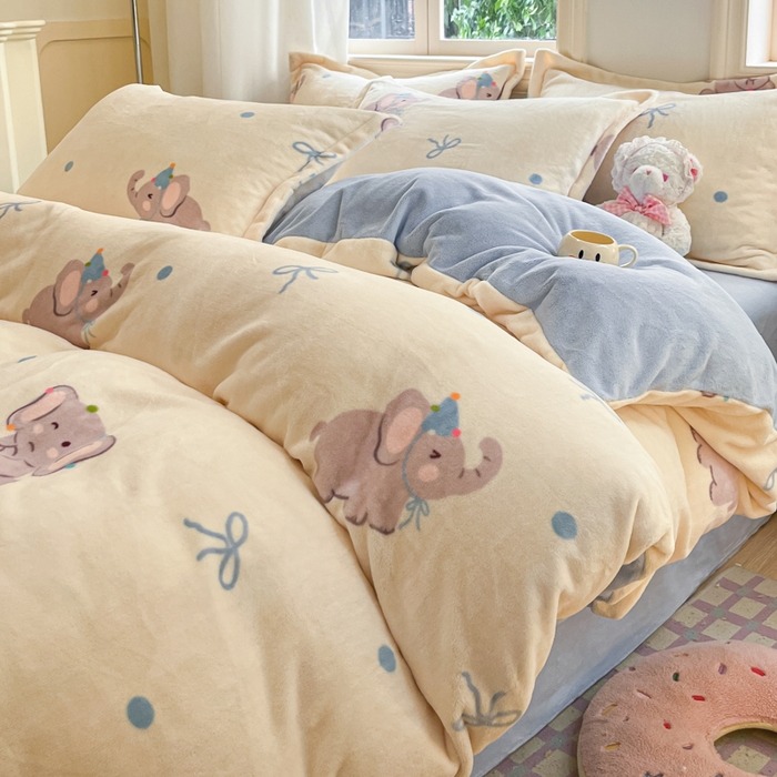 91家纺网 家纺一手货源 找家纺 沐慕 2025新款高克重牛奶绒四件套 牛奶绒-可爱小象