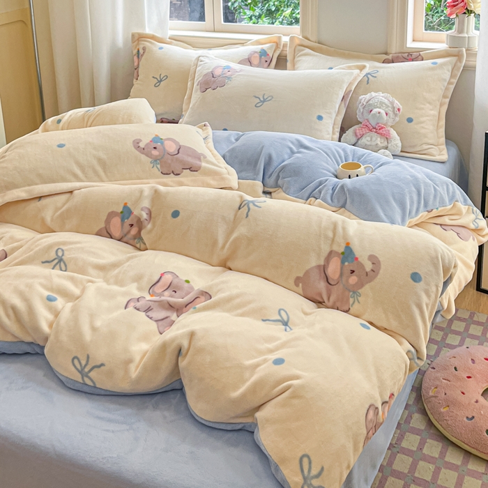 91家纺网 家纺一手货源 找家纺 沐慕 2025新款高克重牛奶绒四件套 牛奶绒-可爱小象