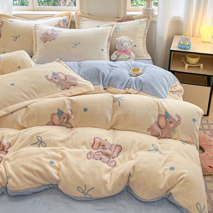 91家纺网 家纺一手货源 找家纺 沐慕 2025新款高克重牛奶绒四件套 牛奶绒-可爱小象