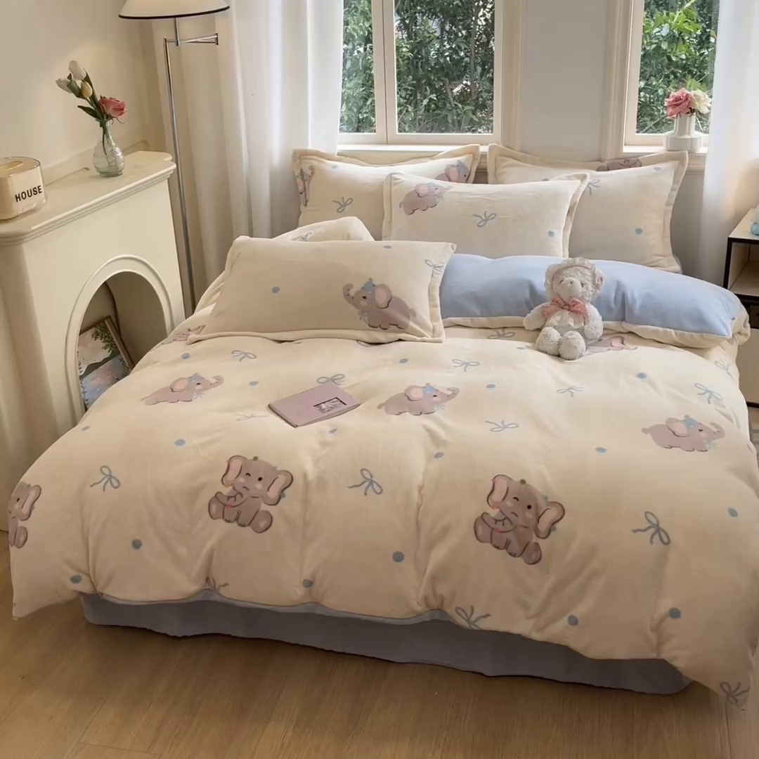 91家纺网 家纺一手货源 找家纺 沐慕 2025新款高克重牛奶绒四件套 牛奶绒-可爱小象