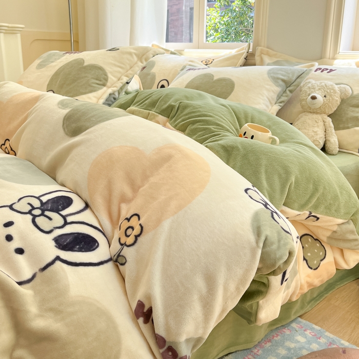 沐慕 2025新款高克重牛奶绒四件套 牛奶绒-绿色爱心兔