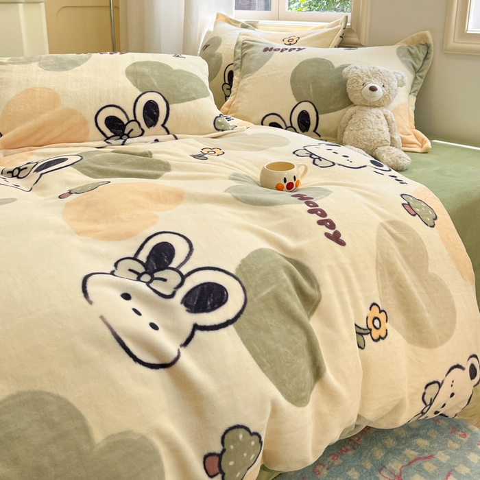 91家纺网 家纺一手货源 找家纺 沐慕 2025新款高克重牛奶绒四件套 牛奶绒-绿色爱心兔