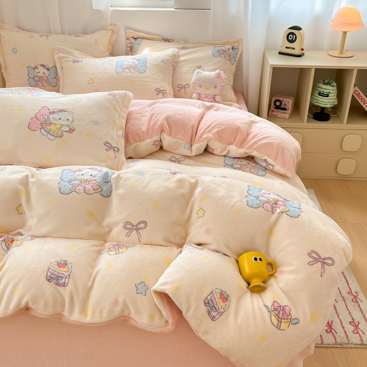 91家纺网 家纺一手货源 找家纺 沐慕 2025新款高克重牛奶绒四件套 牛奶绒-猫咪仙子