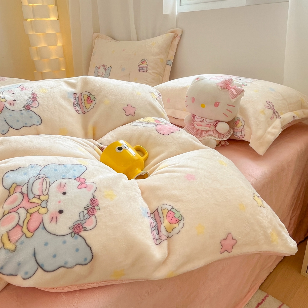 91家纺网 家纺一手货源 找家纺 沐慕 2025新款高克重牛奶绒四件套 牛奶绒-猫咪仙子