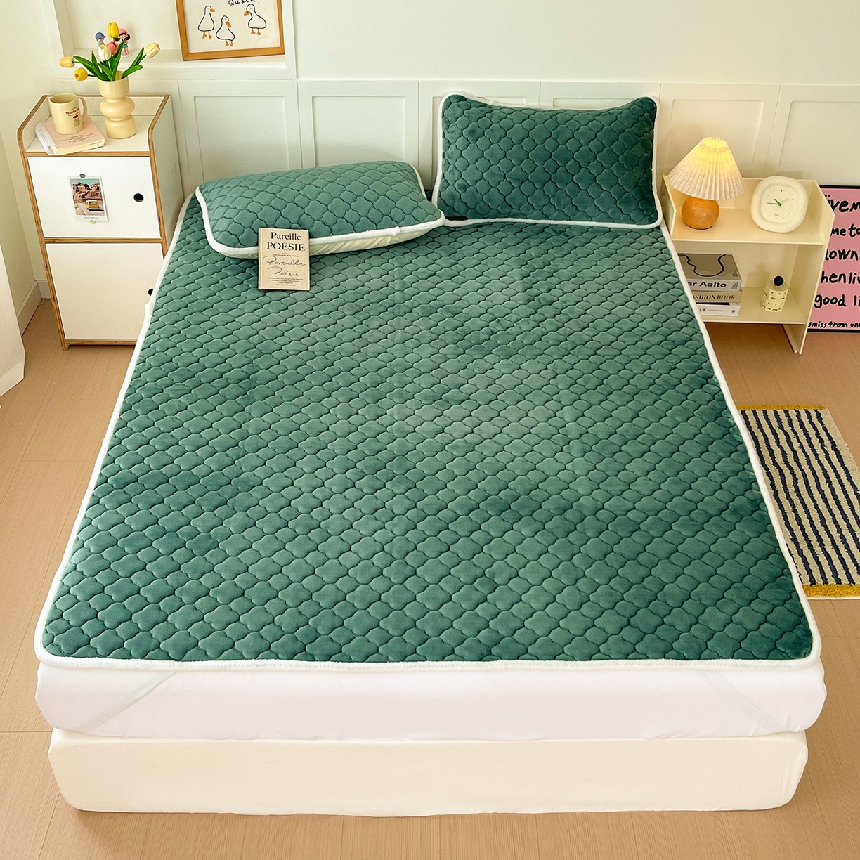 富馨莱 2025新款牛奶绒夹棉床垫床盖支持一件定制 孔雀蓝