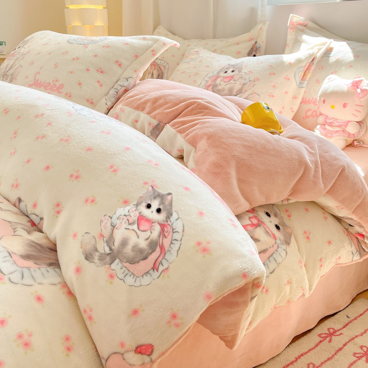 沐慕 2025新款高克重牛奶绒四件套 牛奶绒-玫瑰粉喵