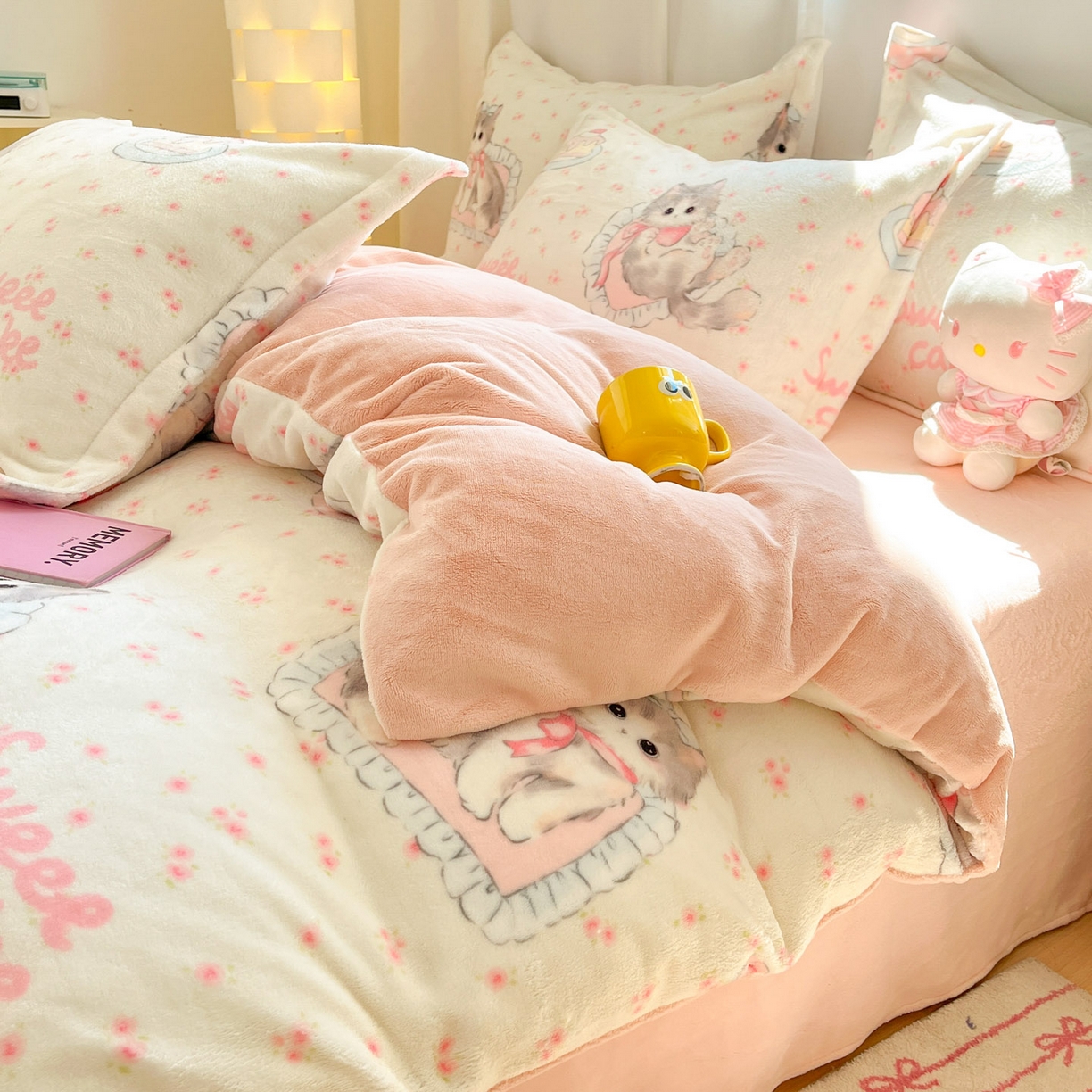 91家纺网 家纺一手货源 找家纺 沐慕 2025新款高克重牛奶绒四件套 牛奶绒-玫瑰粉喵