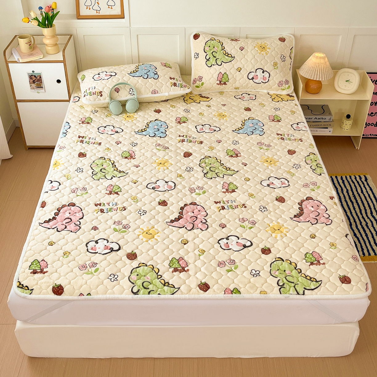 富馨莱 2025新款牛奶绒夹棉床垫床盖支持一件定制 恐龙伙伴