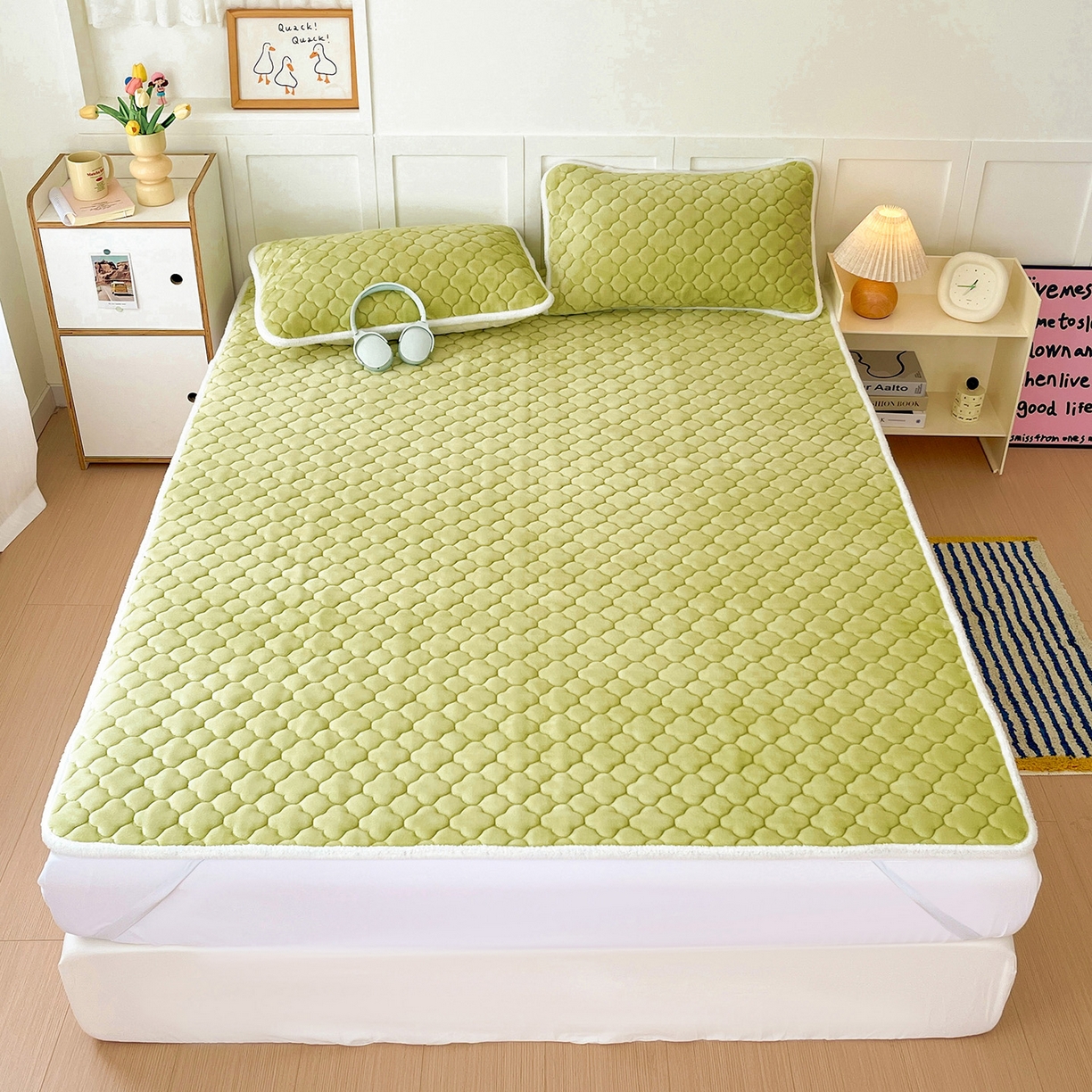 富馨莱 2025新款牛奶绒夹棉床垫床盖支持一件定制 抹茶绿