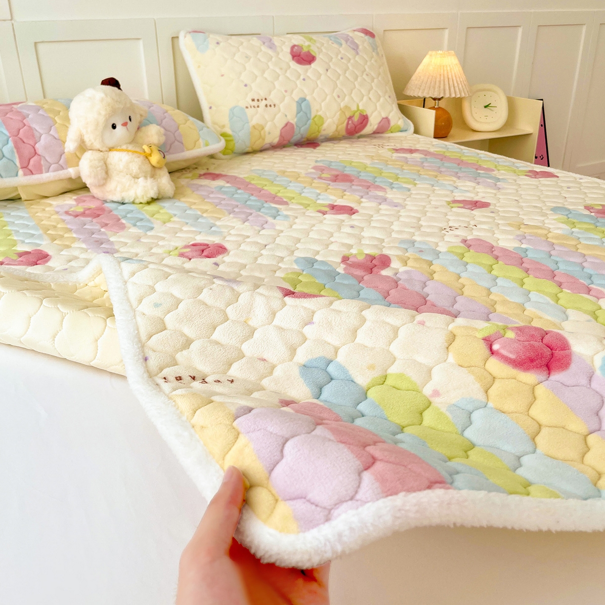 91家纺网 家纺一手货源 找家纺 富馨莱 2025新款牛奶绒夹棉床垫床盖支持一件定制 七彩草莓