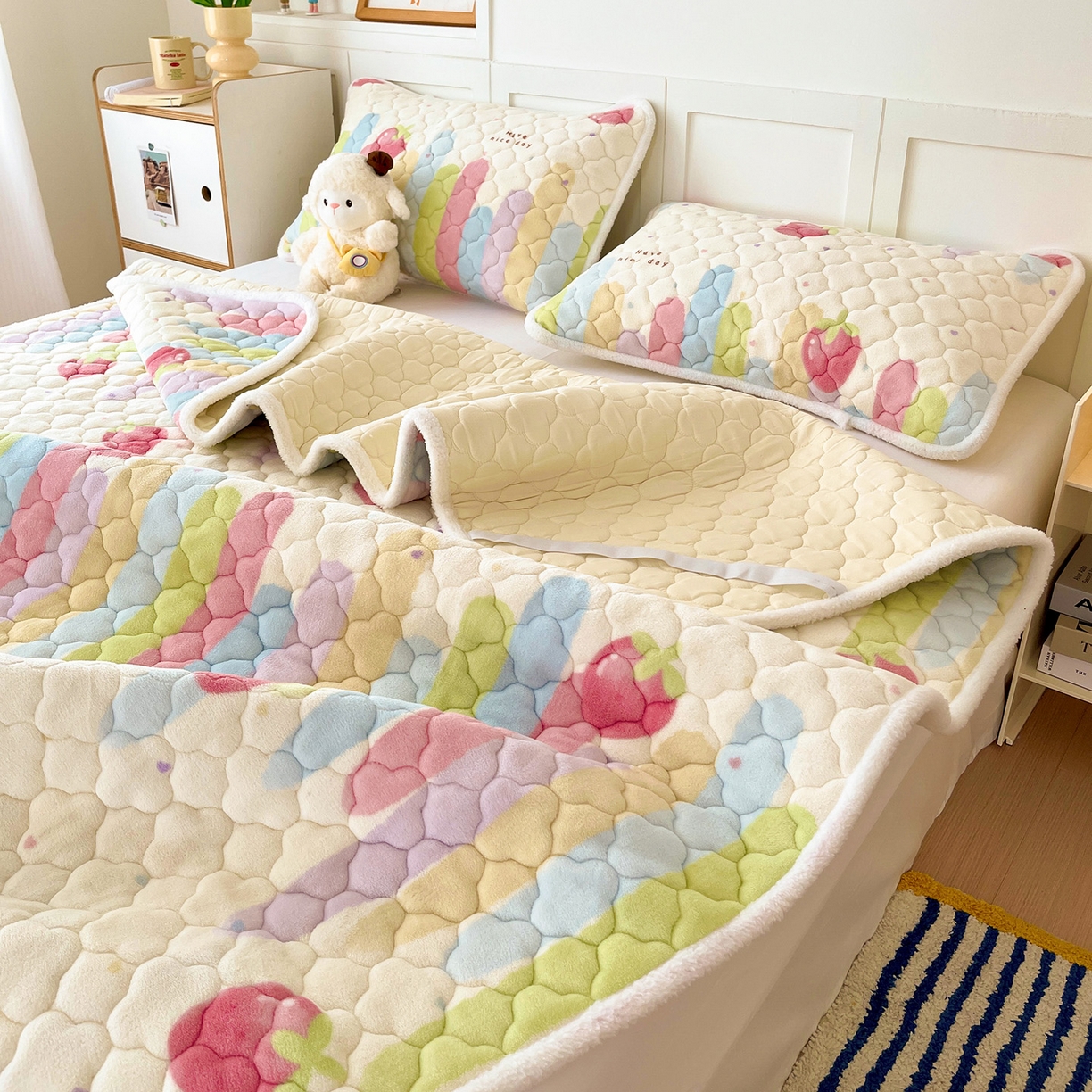 91家纺网 家纺一手货源 找家纺 富馨莱 2025新款牛奶绒夹棉床垫床盖支持一件定制 七彩草莓