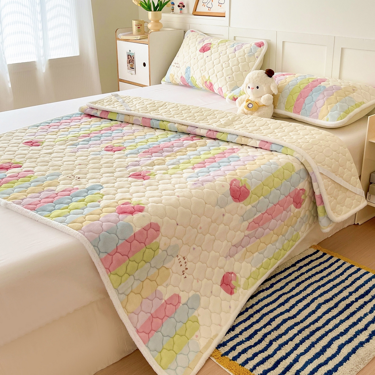 91家纺网 家纺一手货源 找家纺 富馨莱 2025新款牛奶绒夹棉床垫床盖支持一件定制 七彩草莓