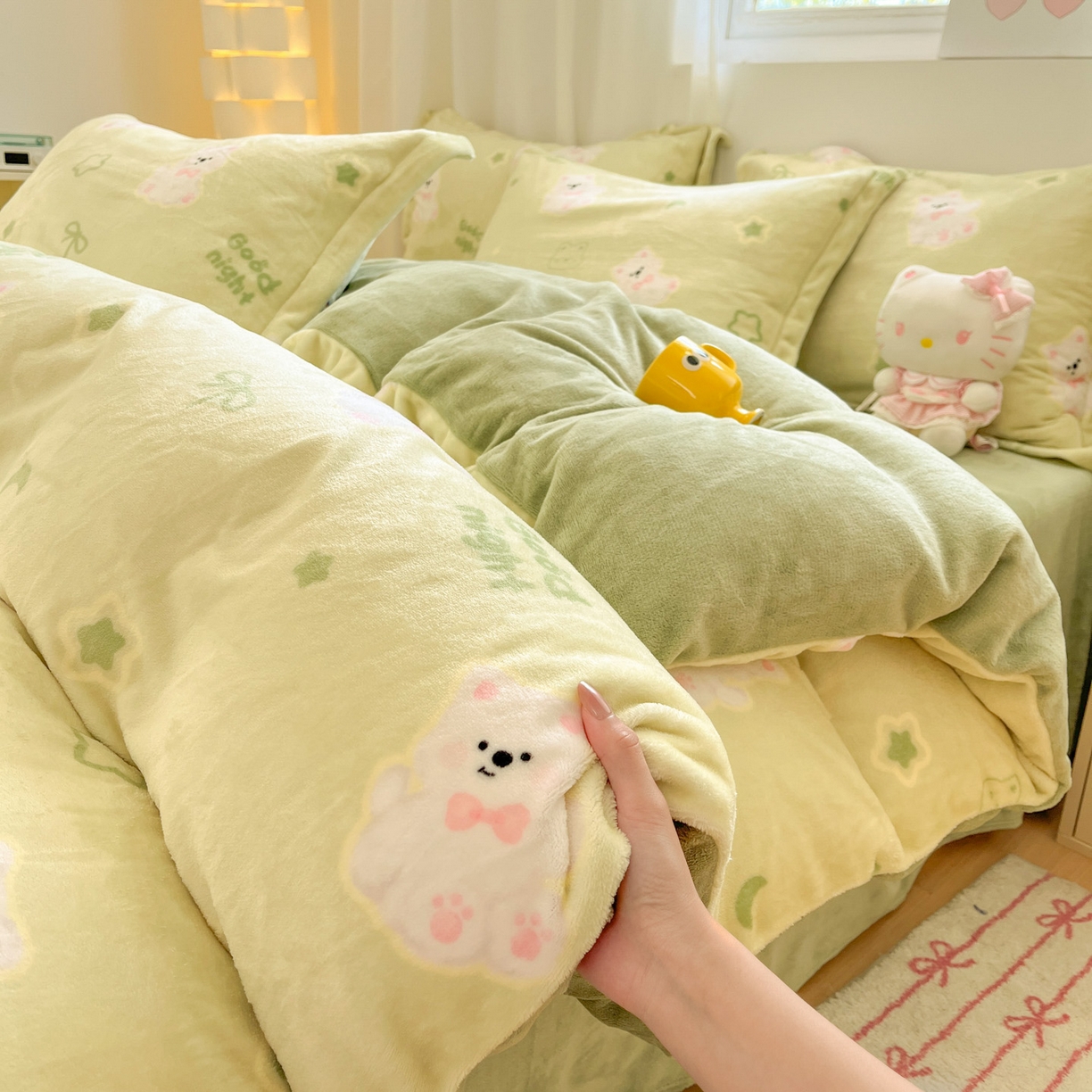 91家纺网 家纺一手货源 找家纺 沐慕 2025新款高克重牛奶绒四件套 牛奶绒-青青萌宠