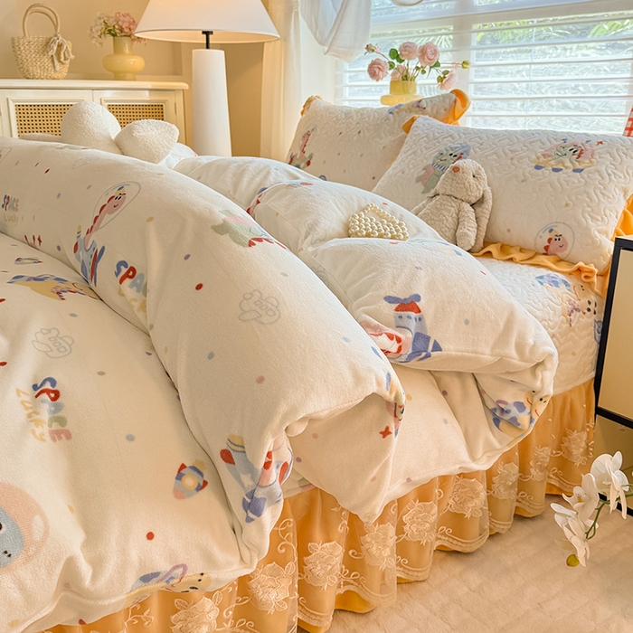 91家纺网 家纺一手货源 找家纺 美达家纺 2025新款卡通牛奶绒印花床盖四件套 恐龙星球