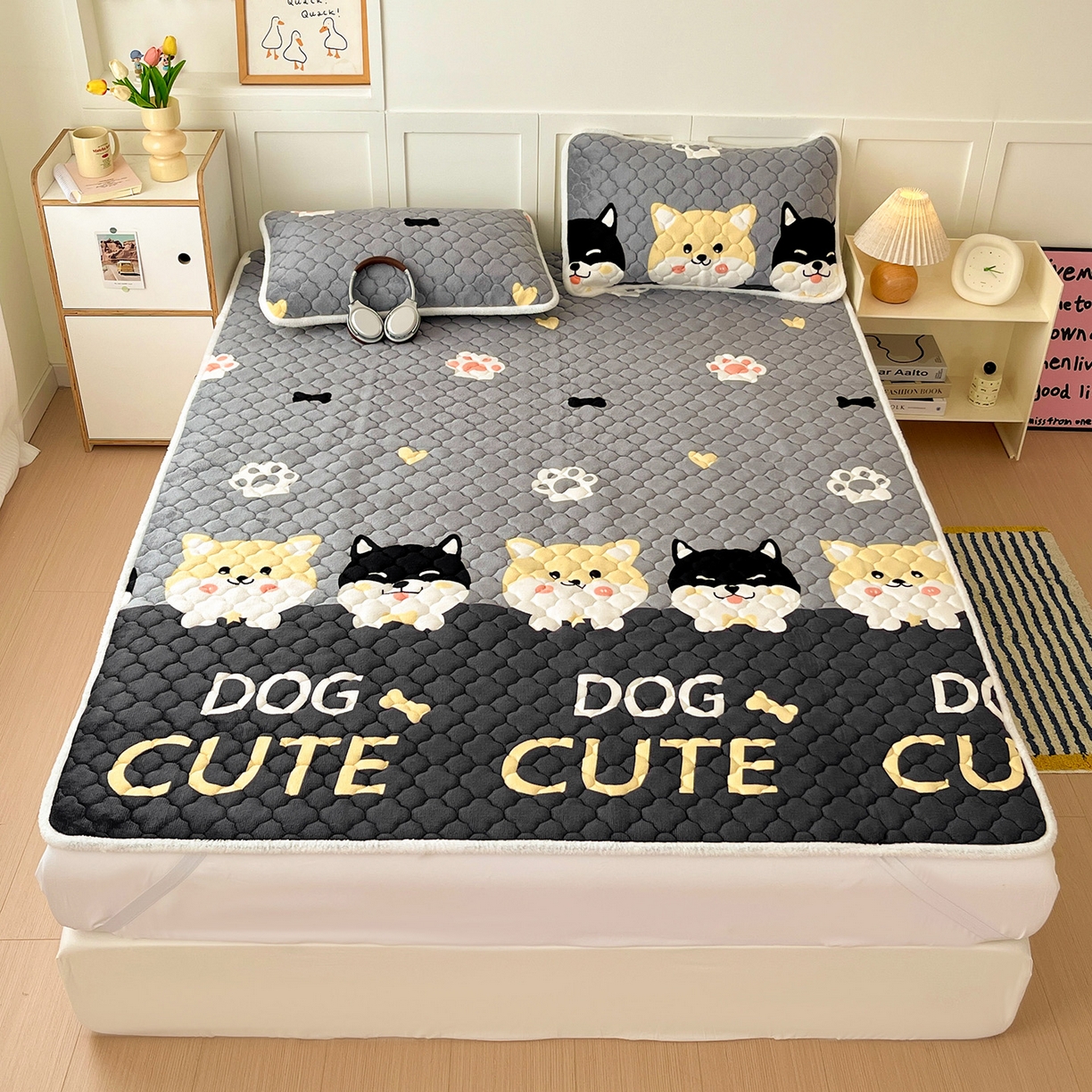 富馨莱 2025新款牛奶绒夹棉床垫床盖支持一件定制 小柯基