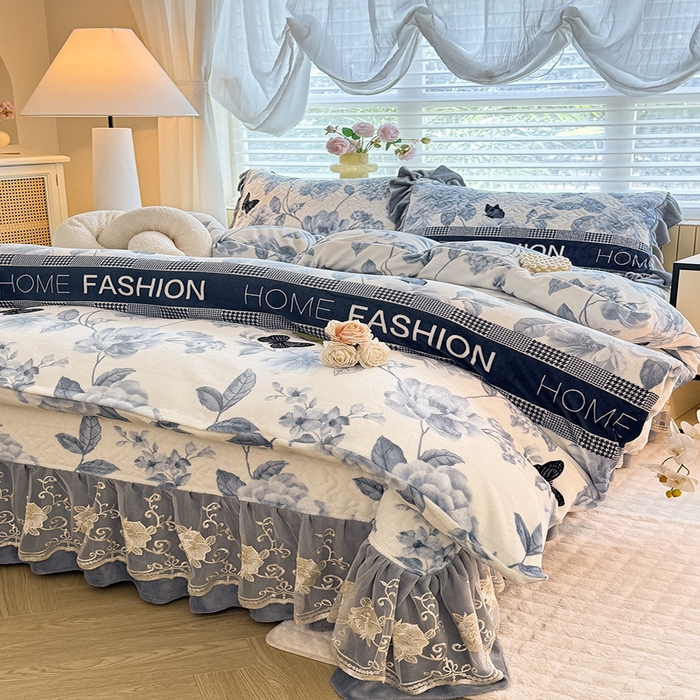 91家纺网 家纺一手货源 找家纺 美达家纺 2025新款卡通牛奶绒印花床盖四件套 梦蝶