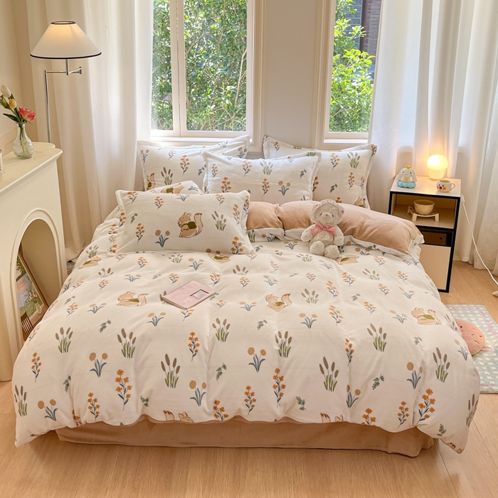 91家纺网 家纺一手货源 找家纺 沐慕 2025新款高克重牛奶绒四件套 牛奶绒-田园松鼠