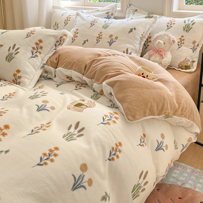 91家纺网 家纺一手货源 找家纺 沐慕 2025新款高克重牛奶绒四件套 牛奶绒-田园松鼠