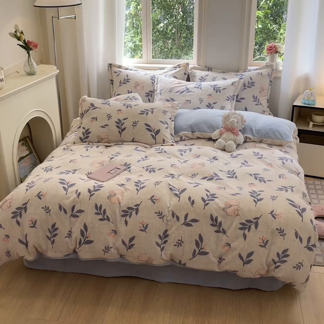 91家纺网 家纺一手货源 找家纺 沐慕 2025新款高克重牛奶绒四件套 牛奶绒-兔稚