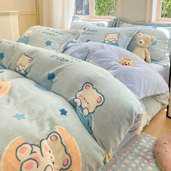 91家纺网 家纺一手货源 找家纺 沐慕 2025新款高克重牛奶绒四件套 牛奶绒-晚安熊