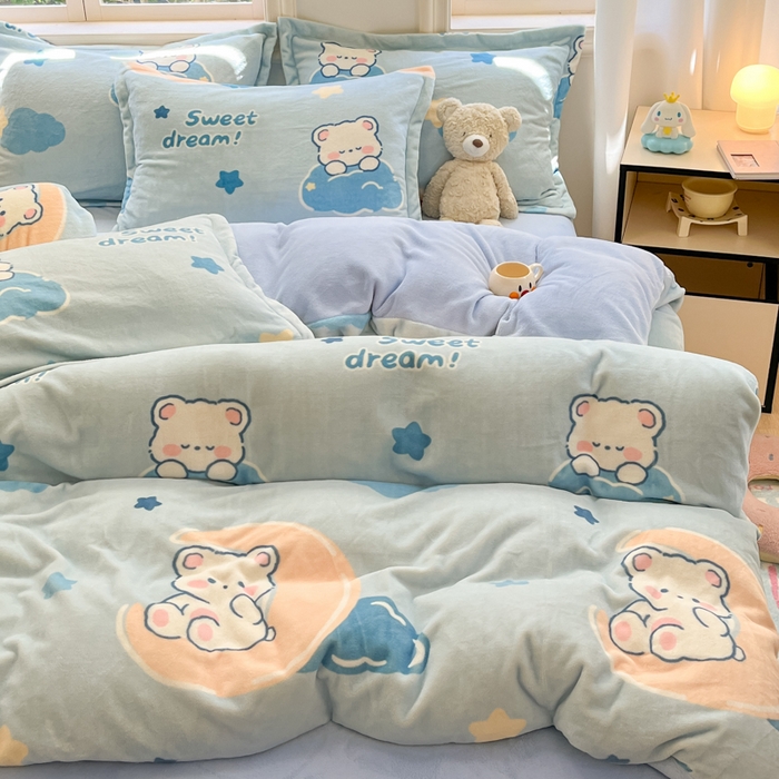91家纺网 家纺一手货源 找家纺 沐慕 2025新款高克重牛奶绒四件套 牛奶绒-晚安熊