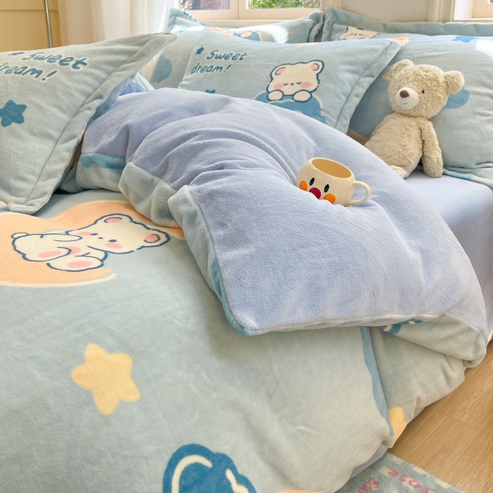 91家纺网 家纺一手货源 找家纺 沐慕 2025新款高克重牛奶绒四件套 牛奶绒-晚安熊