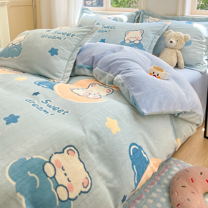 91家纺网 家纺一手货源 找家纺 沐慕 2025新款高克重牛奶绒四件套 牛奶绒-晚安熊