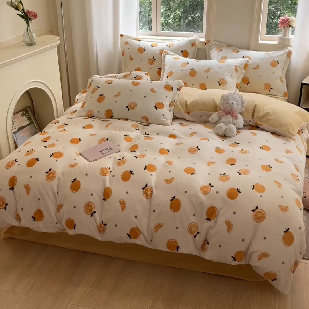 91家纺网 家纺一手货源 找家纺 沐慕 2025新款高克重牛奶绒四件套 牛奶绒-小橙子