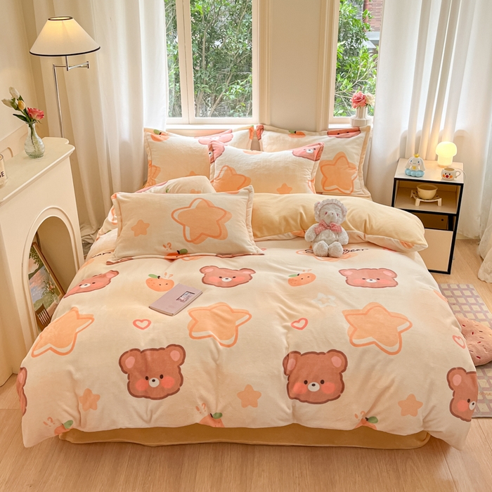 91家纺网 家纺一手货源 找家纺 沐慕 2025新款高克重牛奶绒四件套 牛奶绒-星星熊