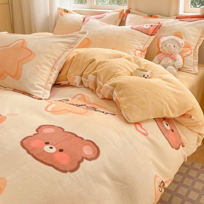 91家纺网 家纺一手货源 找家纺 沐慕 2025新款高克重牛奶绒四件套 牛奶绒-星星熊