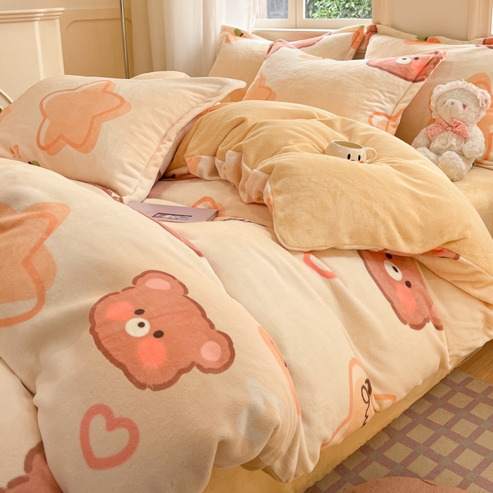 91家纺网 家纺一手货源 找家纺 沐慕 2025新款高克重牛奶绒四件套 牛奶绒-星星熊