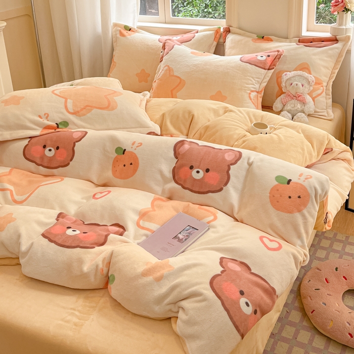 91家纺网 家纺一手货源 找家纺 沐慕 2025新款高克重牛奶绒四件套 牛奶绒-星星熊