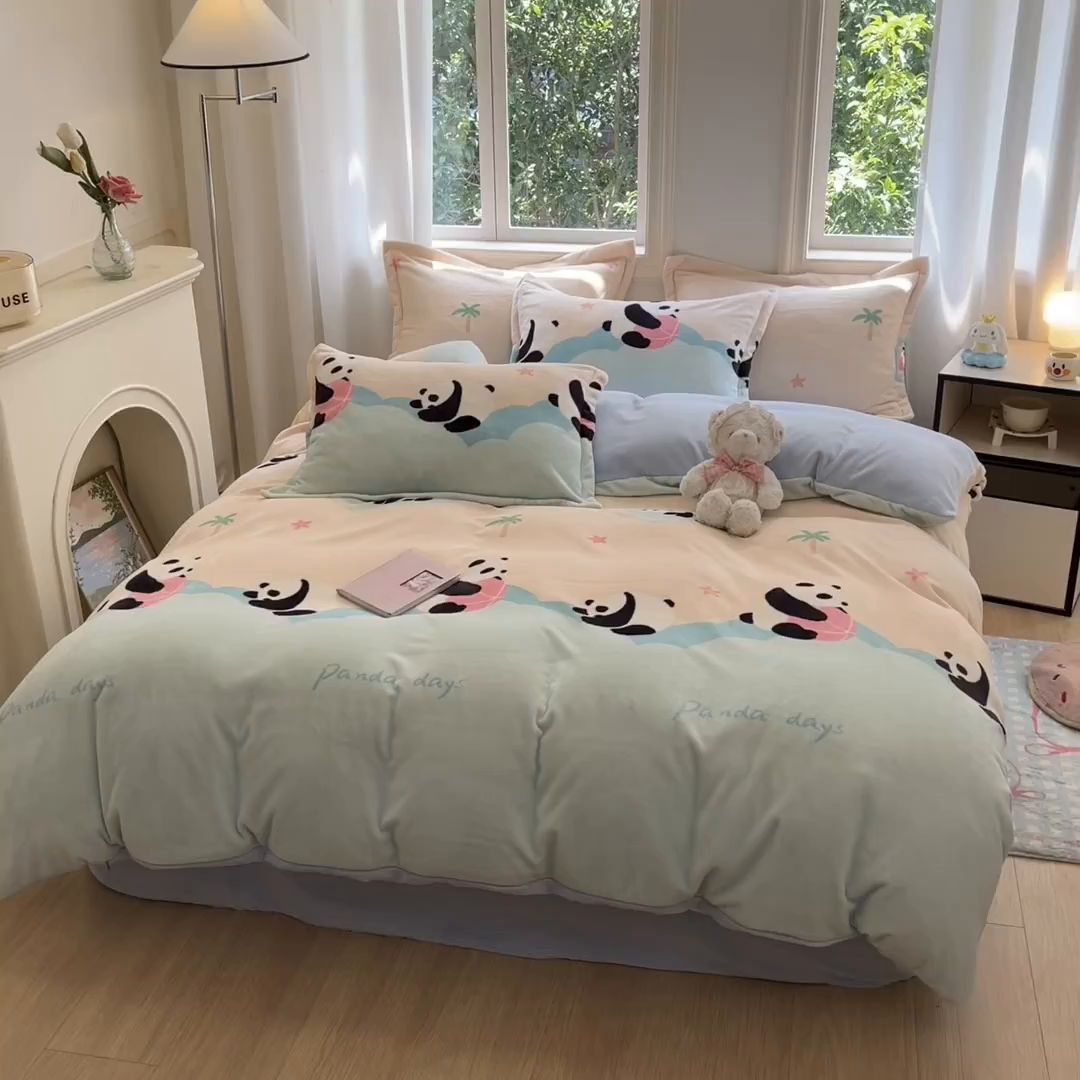 91家纺网 家纺一手货源 找家纺 沐慕 2025新款高克重牛奶绒四件套 牛奶绒-熊墩墩