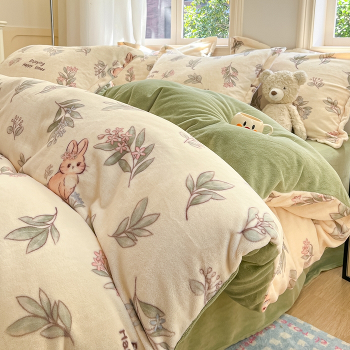 沐慕 2025新款高克重牛奶绒四件套 牛奶绒-叶子小兔