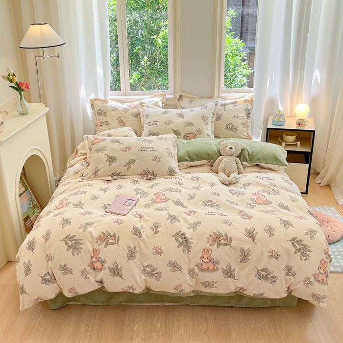 91家纺网 家纺一手货源 找家纺 沐慕 2025新款高克重牛奶绒四件套 牛奶绒-叶子小兔