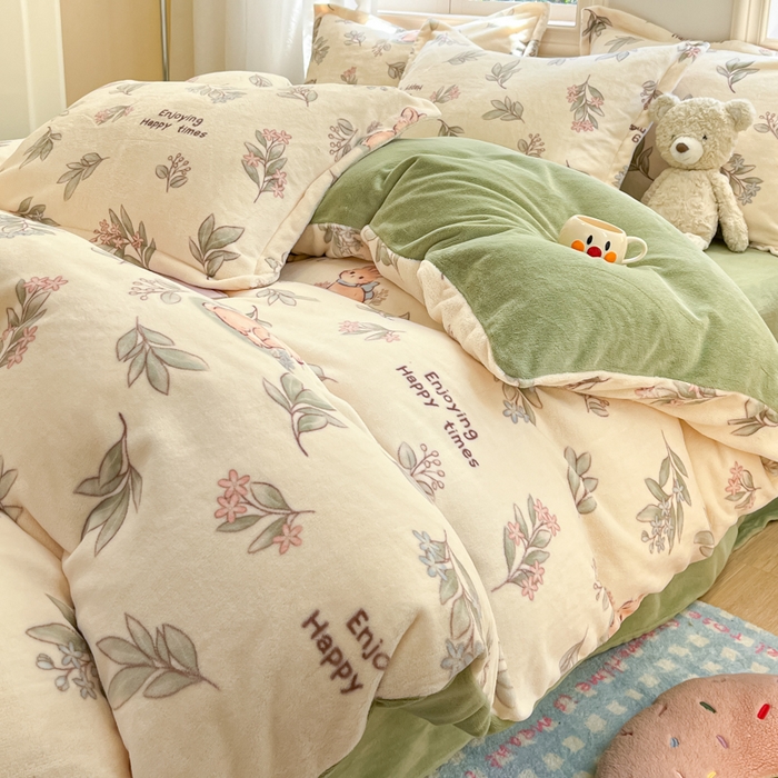 91家纺网 家纺一手货源 找家纺 沐慕 2025新款高克重牛奶绒四件套 牛奶绒-叶子小兔