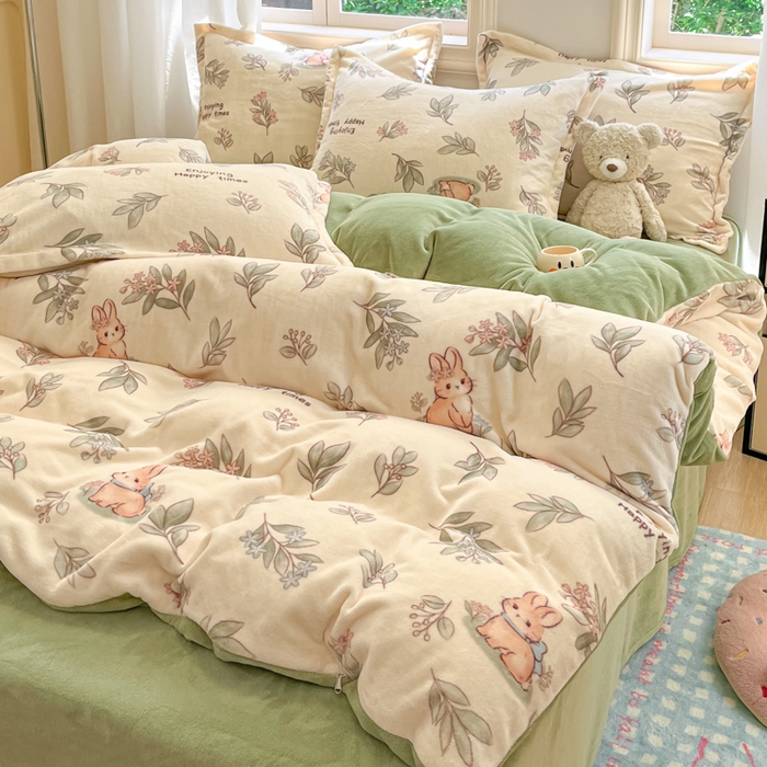 91家纺网 家纺一手货源 找家纺 沐慕 2025新款高克重牛奶绒四件套 牛奶绒-叶子小兔