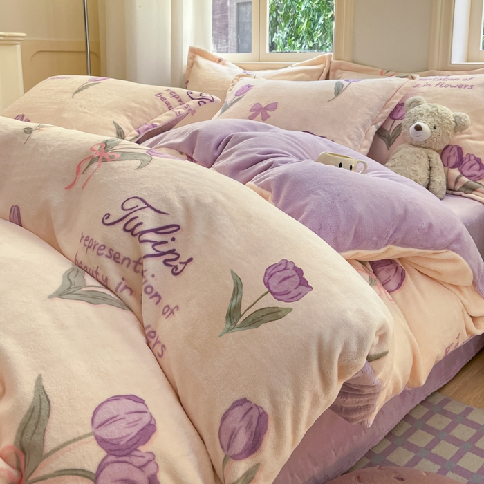 沐慕 2025新款高克重牛奶绒四件套 牛奶绒-紫色郁金香