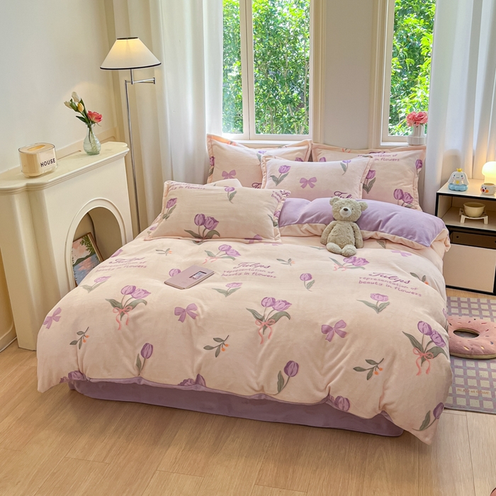 91家纺网 家纺一手货源 找家纺 沐慕 2025新款高克重牛奶绒四件套 牛奶绒-紫色郁金香