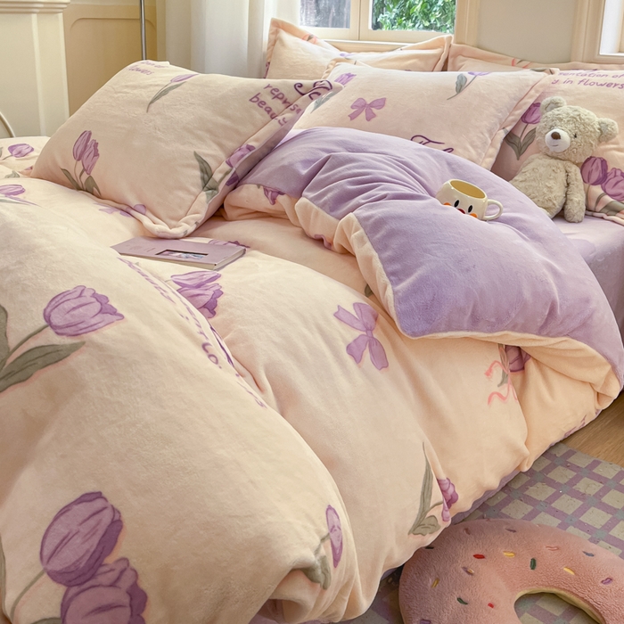 91家纺网 家纺一手货源 找家纺 沐慕 2025新款高克重牛奶绒四件套 牛奶绒-紫色郁金香