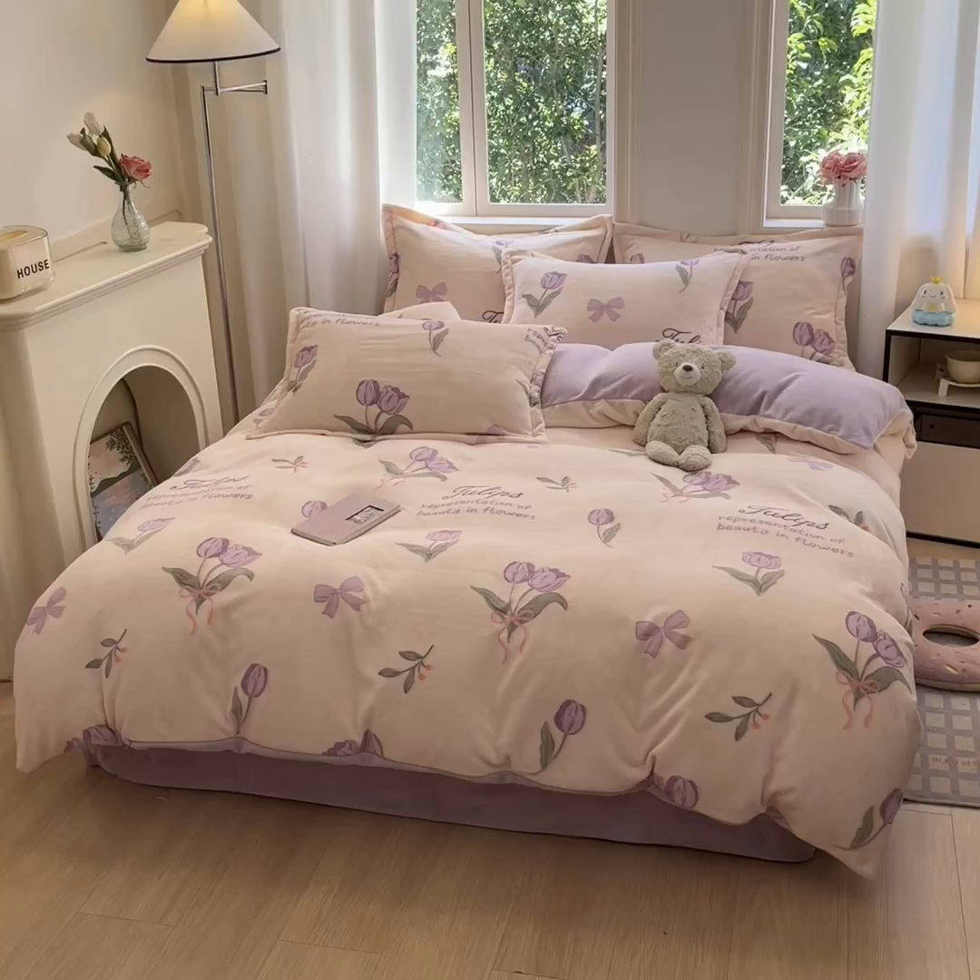 91家纺网 家纺一手货源 找家纺 沐慕 2025新款高克重牛奶绒四件套 牛奶绒-紫色郁金香