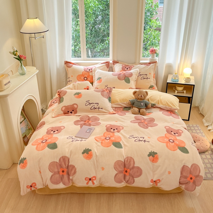 91家纺网 家纺一手货源 找家纺 沐慕 2025新款高克重牛奶绒四件套 牛奶绒-棕熊花