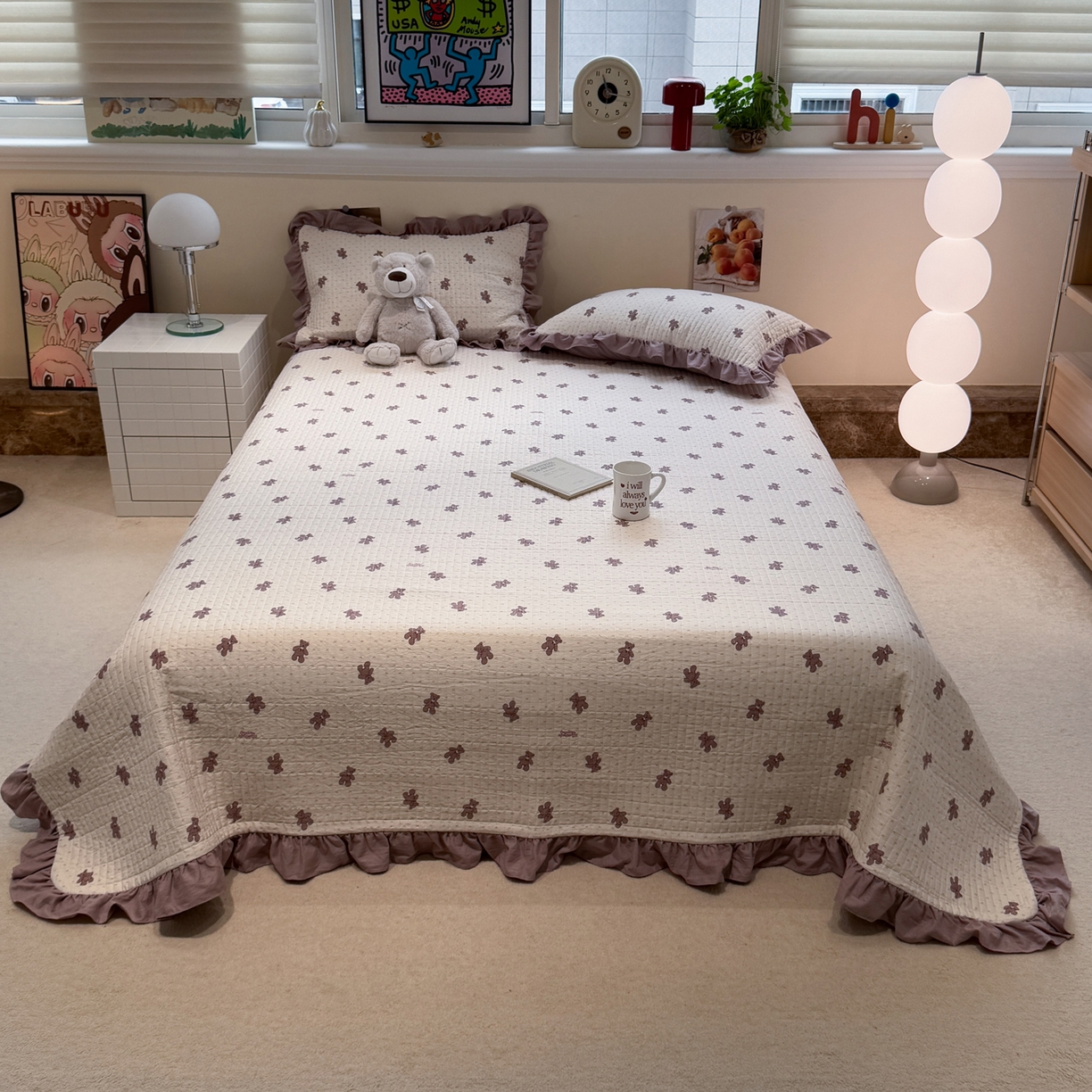 91家纺网 家纺一手货源 找家纺 一加一 2025新款小清新花边款大豆被床盖系列 梦想熊