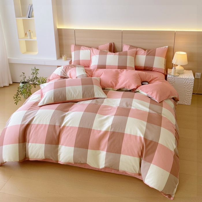 91家纺网 家纺一手货源 找家纺 春皖家纺 2025新款12868全棉印花四件套-大床图 粉大格