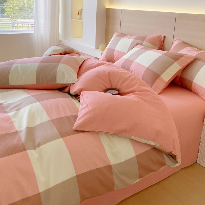 91家纺网 家纺一手货源 找家纺 春皖家纺 2025新款12868全棉印花四件套-大床图 粉大格