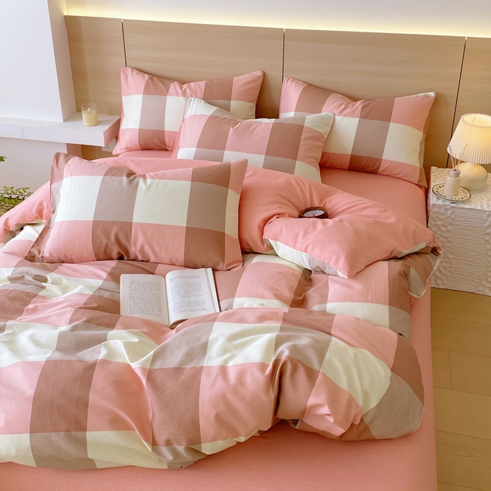 91家纺网 家纺一手货源 找家纺 春皖家纺 2025新款12868全棉印花四件套-大床图 粉大格